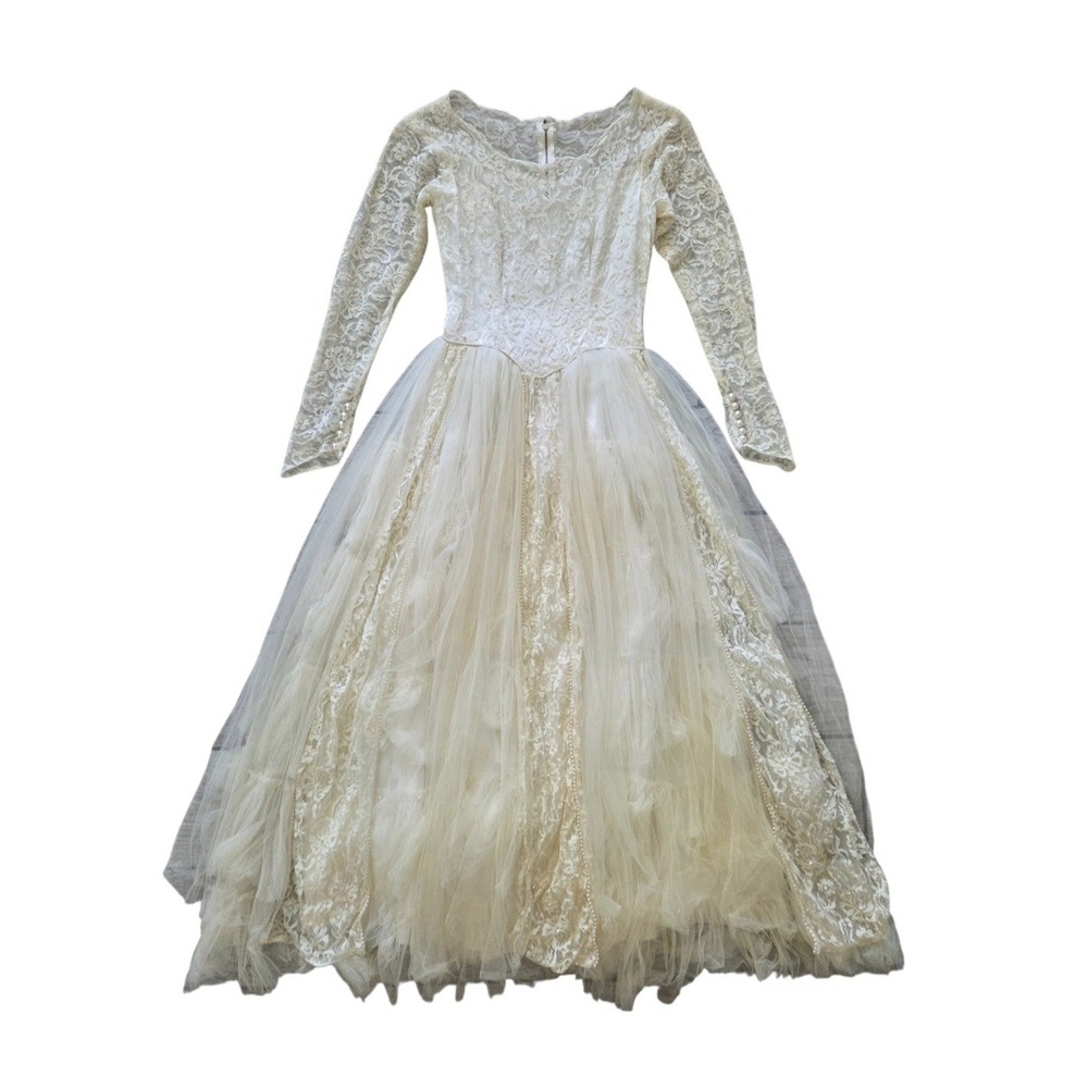 Vintage 80s Ivory Lace Pearl Wedding Dress XS Bridal Gown Tulle Princess Basque